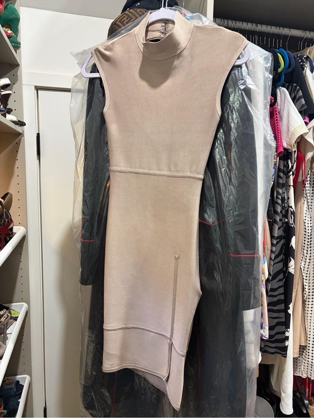 House of CB Beige Mock Neck Midi Bodycon Dress